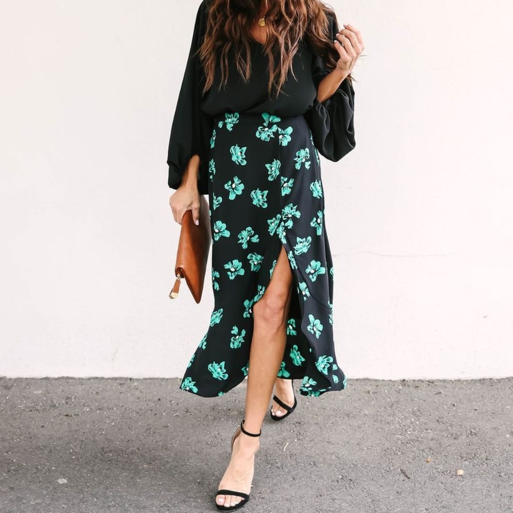 Vici Black Midi Skirt with Teal Floral Print